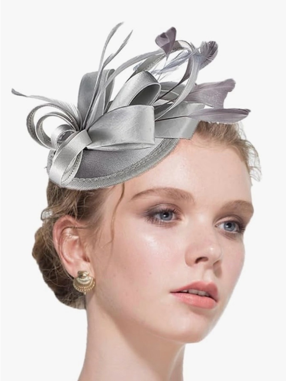 Set of 2 Elegant Silver & Gold Satin Feather Fascinator Headpieces for Women